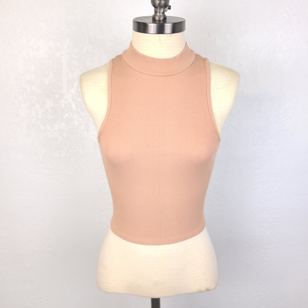 Shinestar Ribbed Nude Sleeveless Mock Neck Crop Top
